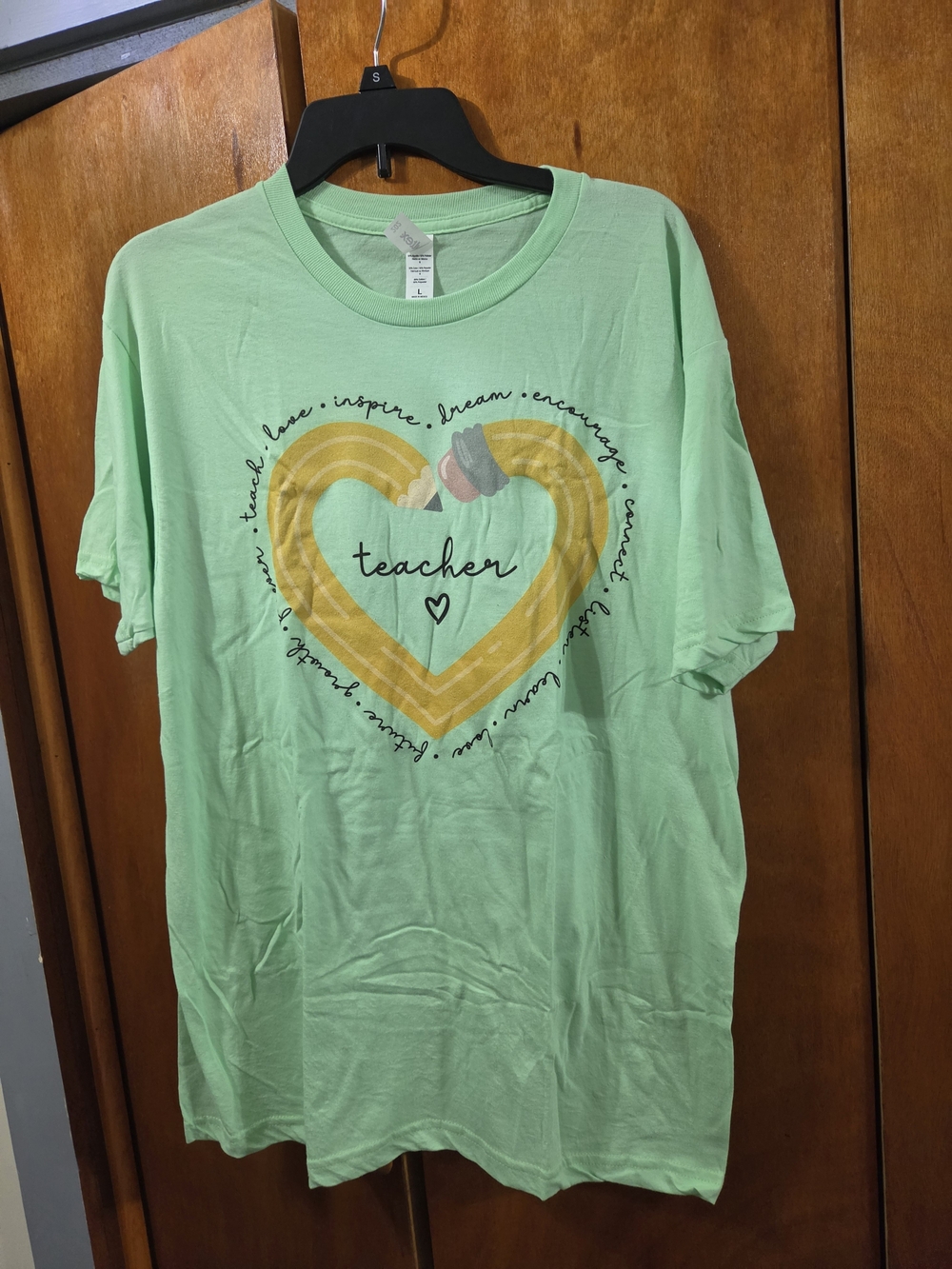 Tultex Mint Green Short Sleeve Tee with Yellow Heart Teacher Graphic